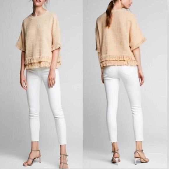 Zara Cream Beige Tweed Knit Fringe Crewneck Short Sleeve Sweater Top Size XS - Picture 4 of 11